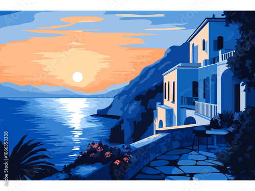 vacation in Italy blue and white sunset vector art illustration design background