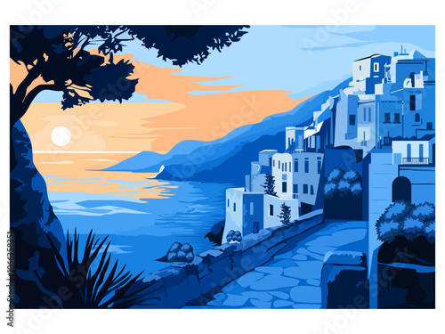 vacation in Italy blue and white sunset vector art illustration design background