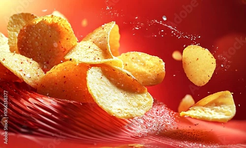 Potato chips floating in the air on a red background photo