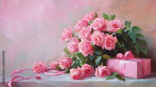 Pink rose bouquet and a gift box with ribbon on a table perfect for Valentine s Day weddings birthdays or holiday greeting card banners