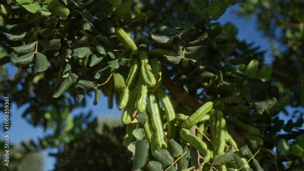 Carob tree branches with green pods against a clear blue sky in mallorca, balearic islands, showcasing the ceratonia siliqua plant outdoors Carob tree branches with green pods against a clear blue sky in mallorca, balearic islands, showcasing the ceratonia siliqua plant outdoors