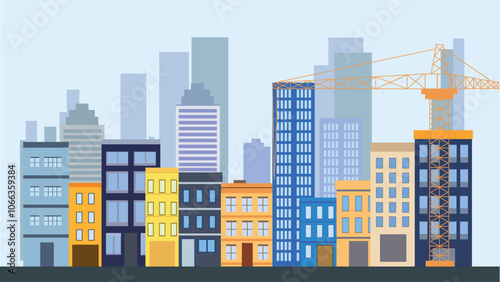Street in City Town with Cityscape Skyscrapers Building Landscape and Tower Crane Construction