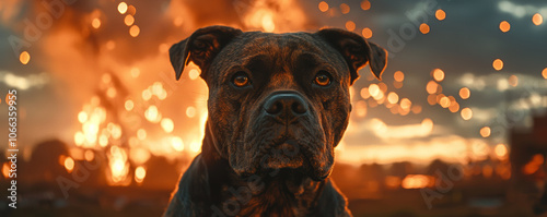 hyperrealistic dog with ear protection stands confidently against dramatic backdrop of explosions and glowing lights, evoking sense of bravery and resilience photo