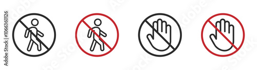 No entry sign vector icons set. Ban sign. No pedestrian icon. No entry icon