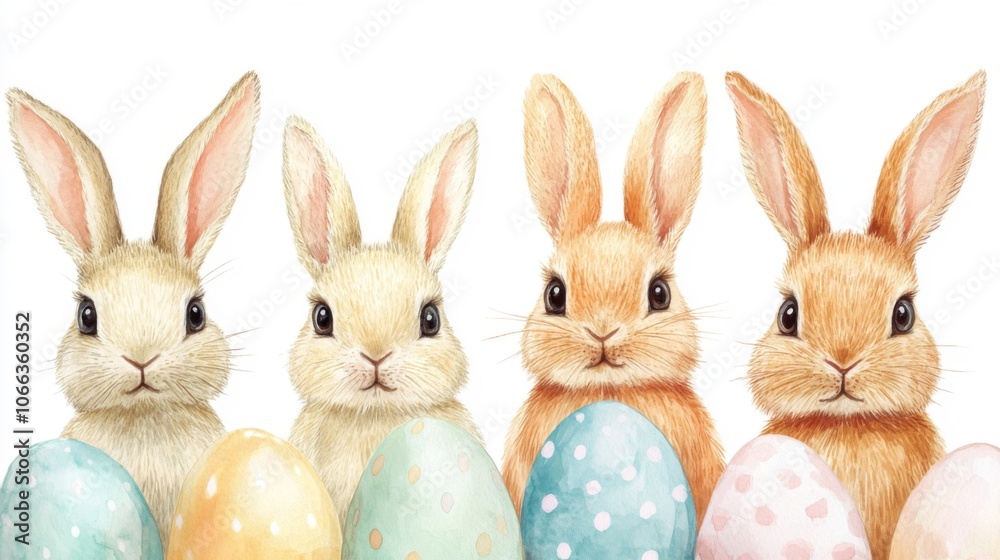 Four Adorable Bunnies Posing with Easter Eggs Four Adorable Bunnies Posing with Easter Eggs