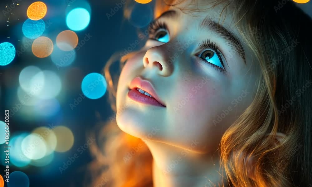 A child gazes upward, illuminated by colorful bokeh lights.