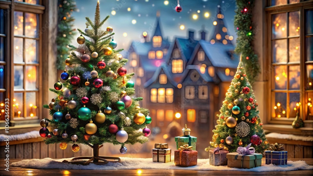 Festive Christmas Trees Adorned with Ornaments and Gifts Resting on a Snow Covered Tabletop by a Window with a Blurred View of a Christmas Village in the Background Festive Christmas Trees Adorned with Ornaments and Gifts Resting on a Snow Covered Tabletop by a Window with a Blurred View of a Christmas Village in the Background