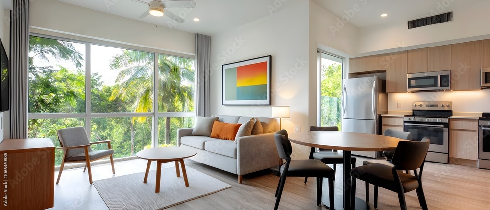 Bright and spacious open concept studio apartment featuring a comfortable couch round dining table and a modern kitchen with various cookware and utensils Bright and spacious open concept studio apartment featuring a comfortable couch round dining table and a modern kitchen with various cookware and utensils