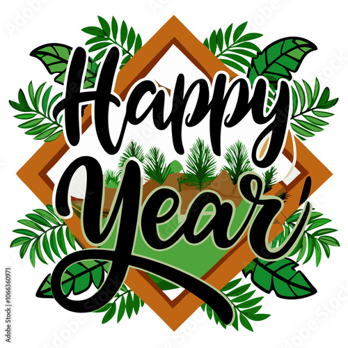 Happy New Year Tropical Greeting:  A tropical-themed happy new year greeting featuring a handwritten "Happy New Year" in a bold, black font, surrounded by lush green leaves and a wooden frame.