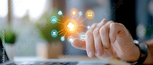 of a virtual business technology interface featuring a variety of digital icons representing data solutions growth and cloud services for small to medium enterprises SMEs