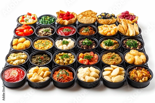 A vibrant assortment of various food items served in black cups, showcasing a colorful array of appetizers and dips.