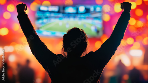 A silhouette of an elated sports fan is captured against the vibrant backdrop of a bar's televised sports event. photo