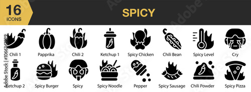 Spicy solid icon set. Includes spicy, sausage, pizza, noodle, level, chicken, burger, and More. Solid icons vector collection.