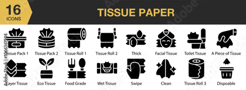Tissue Paper solid icon set. Includes wet tissue, roll, thick, swipe, food grade, facial tissue, and More. Solid icons vector collection.