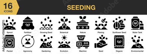 Seeding solid icon set. Includes water tank, sunflower seed, sprout, seed, planing, packet, and More. Solid icons vector collection.