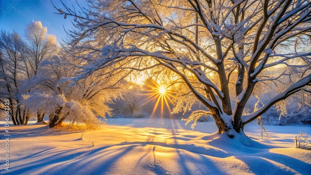 Snow-covered branches reach towards a radiant sunrise, casting long shadows on a pristine blanket of white Snow-covered branches reach towards a radiant sunrise, casting long shadows on a pristine blanket of white