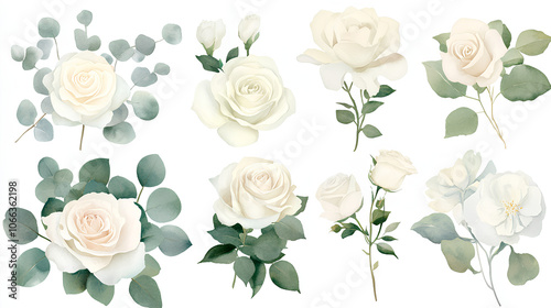 White flowers and green eucalyptus leaves watercolor white background. Creamy roses bouquets, wedding florals