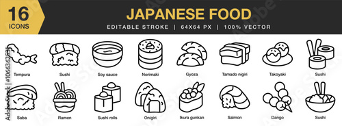 Japanese Food icon set. Editable Stroke Icon Collection. Includes dango, gyoza, ikura gunkan, norimaki, onigiri, ramen, saba, and More. Outline icons vector collection.