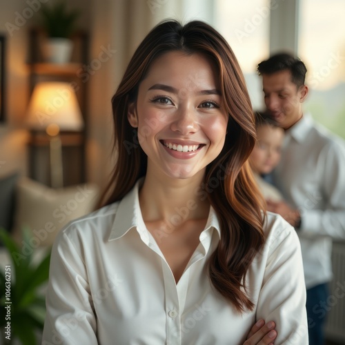 Female real estate agent smiling happily after selling a new house to family mother and son in background horizontal portrait for real estate business advertising real estate 