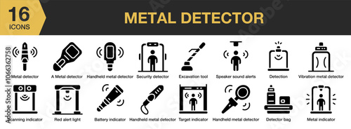 Metal Detector solid icon set. Includes vibration, speaker, scanning, red alert, and More. Solid icons vector collection.