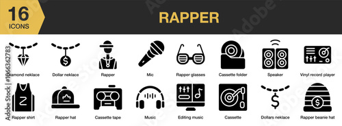 Rapper solid icon set. Includes vinyl record, speaker, rapper, shirt, hat, glasses, and More. Solid icons vector collection.