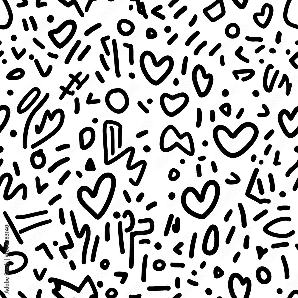 Abstract black and white hand drawn pattern with hearts and geometric shapes. Abstract black and white hand drawn pattern with hearts and geometric shapes.