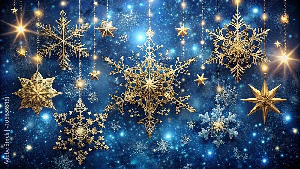 Sparkling Gold Ornaments Adorn a Night Sky Filled with Shimmering Stars and Delicate Snowflakes Sparkling Gold Ornaments Adorn a Night Sky Filled with Shimmering Stars and Delicate Snowflakes
