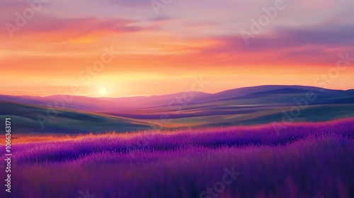 Sunset Over Lavender Fields and Rolling Hills