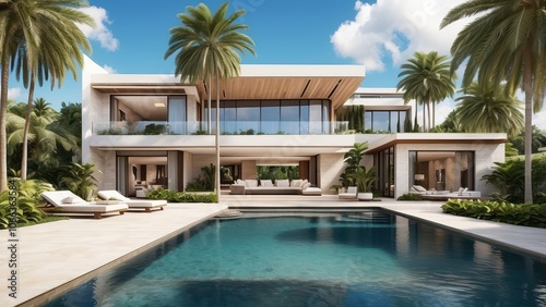 A luxurious upscale modern mansion with a sparkling pool, surrounded by lush greenery and towering palm trees, evoking a sense of tropical paradise.