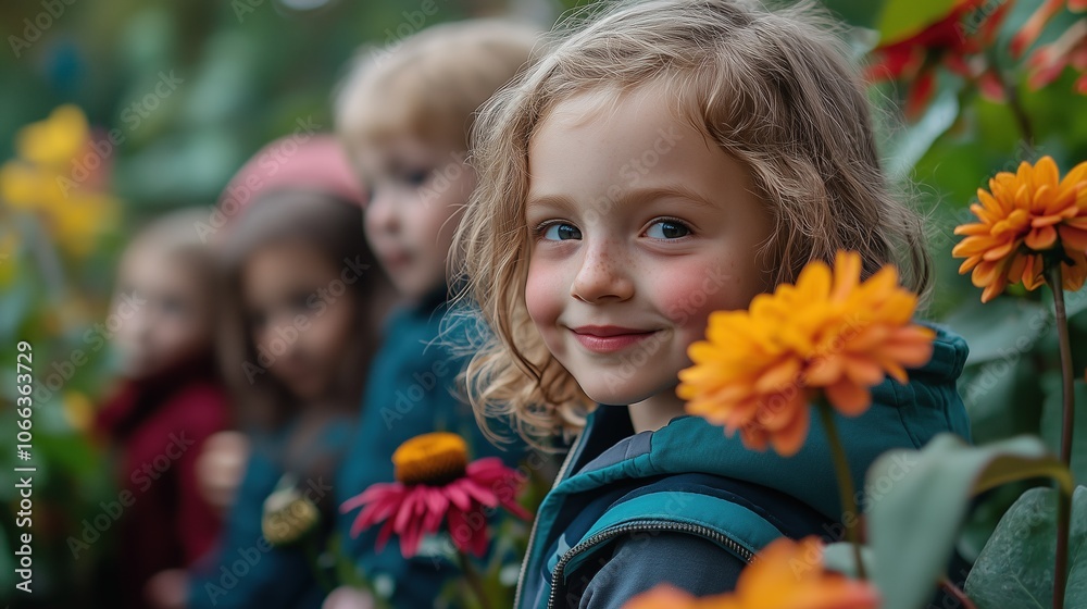 A Young Girl Smiles Brightly Among Vibrant Flowers in a Garden, Surrounded by Friends Enjoying a Beautiful Day Outdoors