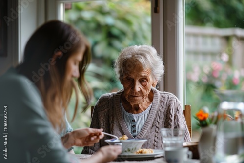 Serene Dining Room Moment: Elderly Woman with Dysphagia Being Fed by Young Family Member with Thickened Soup