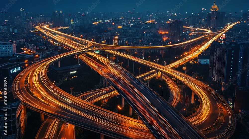 Obraz premium several elevated highways with light trails of cars from an aerial view