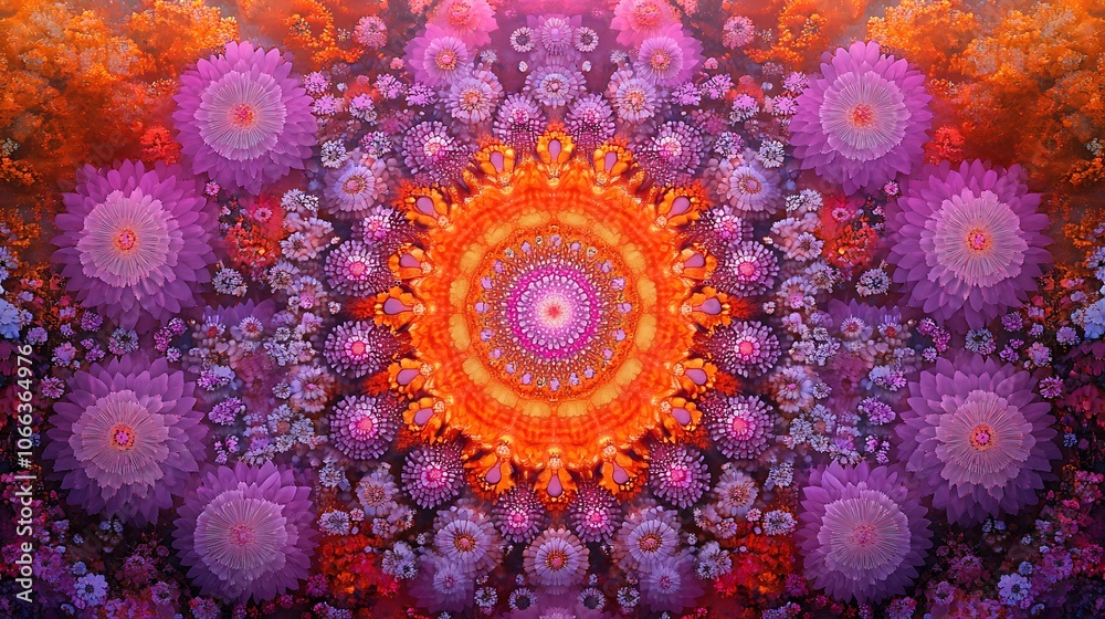 A vibrant mandala pattern with intricate details in shades of orange, pink, and purple. A vibrant mandala pattern with intricate details in shades of orange, pink, and purple.