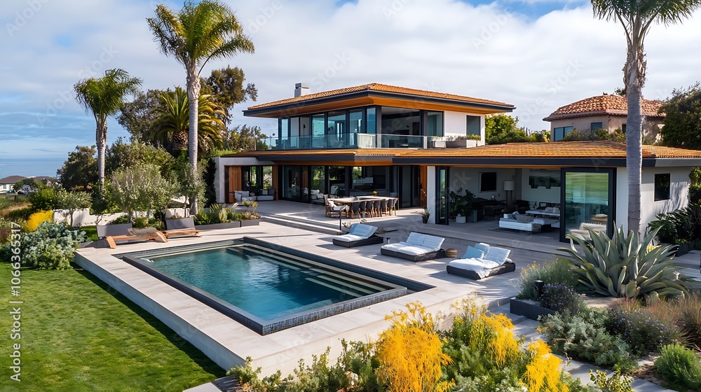 Fototapeta premium Modern home with a pool and lush landscaping overlooking the ocean