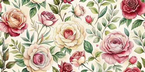 A delicate floral pattern featuring various shades of pink and cream roses with green foliage on a soft yellow backdrop.