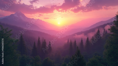 Vibrant Sunrise Over Misty Mountain Forest, Scenic view of a sunrise casting pink and purple hues over a misty mountain landscape with tall pine trees in the foreground.