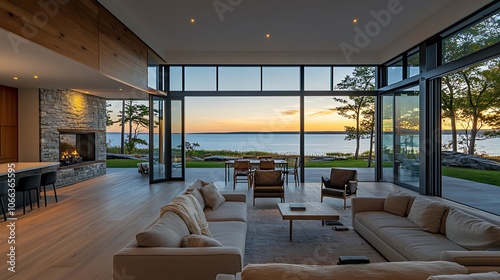 Modern Living Room with Large Windows Overlooking a Lake and Sunset