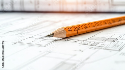 A close-up of a pencil and ruler on architectural blueprints for design work.