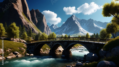 Fototapeta Naklejka Na Ścianę i Meble -  A bridge over a river with mountains in the background.