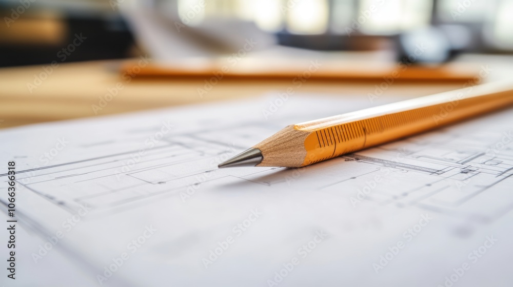 A close-up of an orange pencil on architectural blueprints, emphasizing design and planning. A close-up of an orange pencil on architectural blueprints, emphasizing design and planning.
