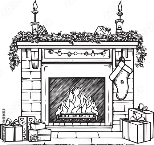 Christmas Fireplace with decorations items clean simple vector linear outline black