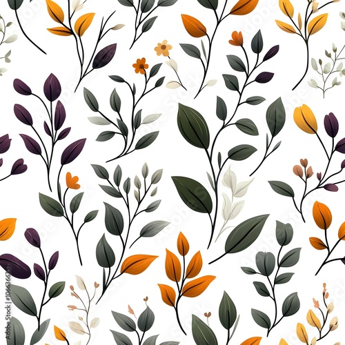 Seamless pattern with colorful leaves and branches on a white background.