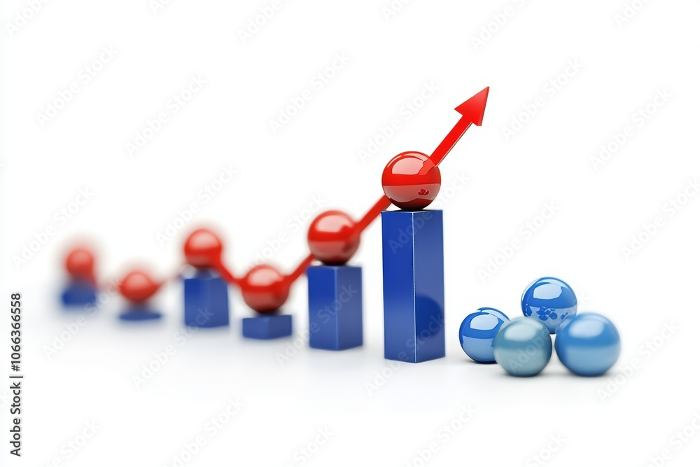 Upward growth trend illustrated with blue bar chart and rising red line on a white background Upward growth trend illustrated with blue bar chart and rising red line on a white background