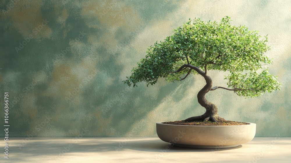 A bonsai tree with a twisted trunk and lush foliage sits in a stone pot against a green wall. A bonsai tree with a twisted trunk and lush foliage sits in a stone pot against a green wall.