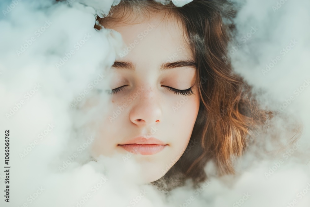 Portrait of a peaceful young girl with closed eyes surrounded by soft, fluffy white clouds Portrait of a peaceful young girl with closed eyes surrounded by soft, fluffy white clouds