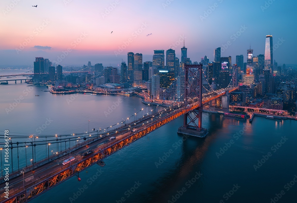 Fototapeta premium A large suspension bridge spanning across a body of water with buildings and skyscrapers