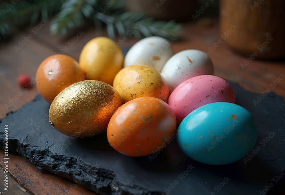Assorted Easter eggs in gold, white, and speckled colors arranged on a dark background Assorted Easter eggs in gold, white, and speckled colors arranged on a dark background
