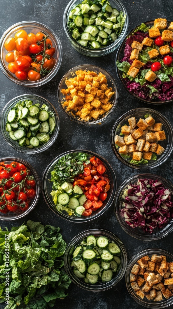 An overhead view of a fresh salad bar with an assortment of colorful ingredients like leafy greens An overhead view of a fresh salad bar with an assortment of colorful ingredients like leafy greens