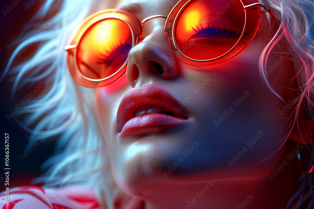 A woman with red sunglasses and red lipstick