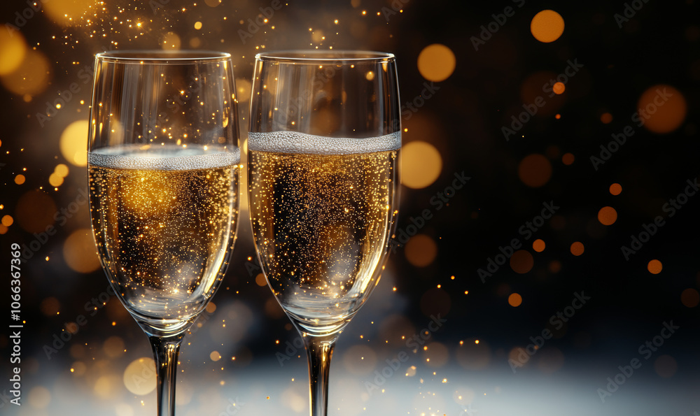 Elegant champagne glasses clinking with golden sparkles and bokeh effects Elegant champagne glasses clinking with golden sparkles and bokeh effects